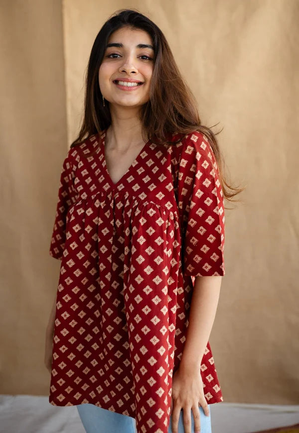 Maroon ajrakh cotton A line kurti