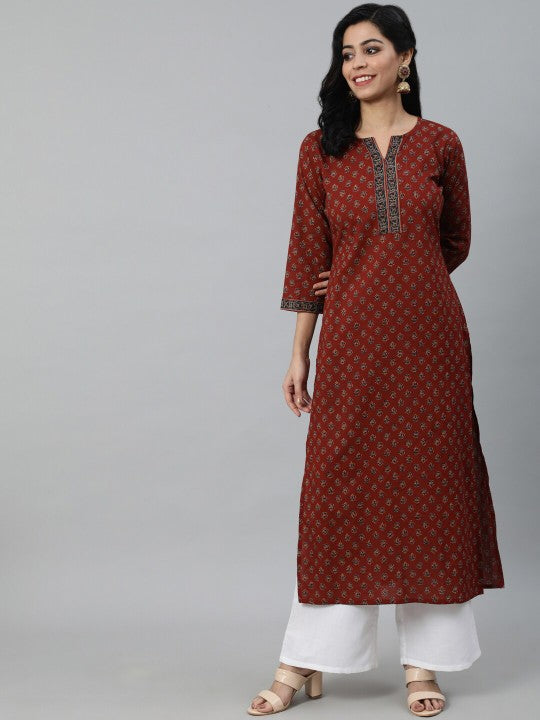 Women maroon ethnic motifs printed cotton kurti