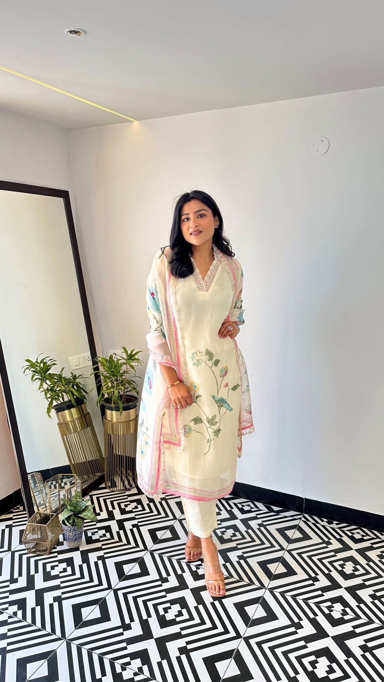 Cream bird floral organza suit set and printed dupatta