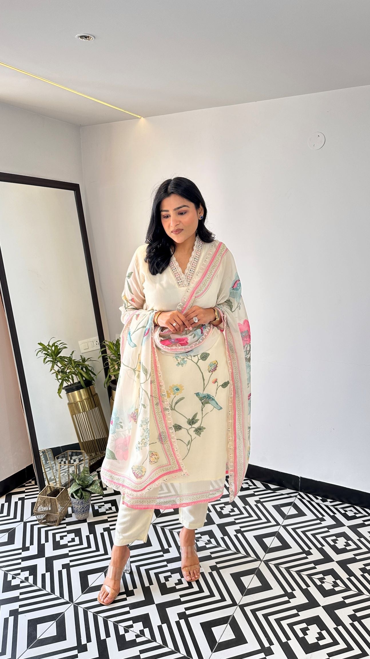 Cream bird floral organza suit set and printed dupatta