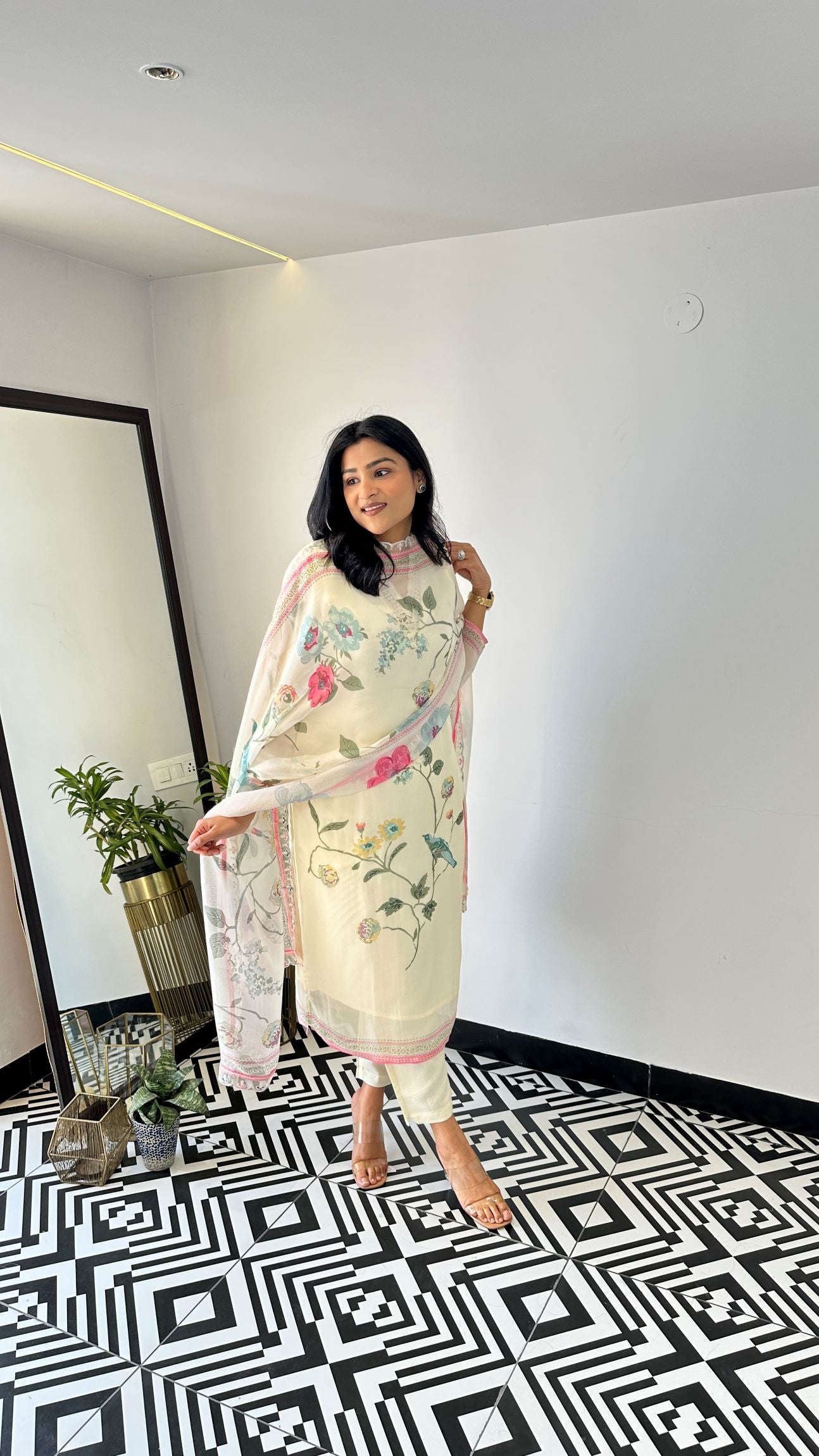 Cream bird floral organza suit set and printed dupatta