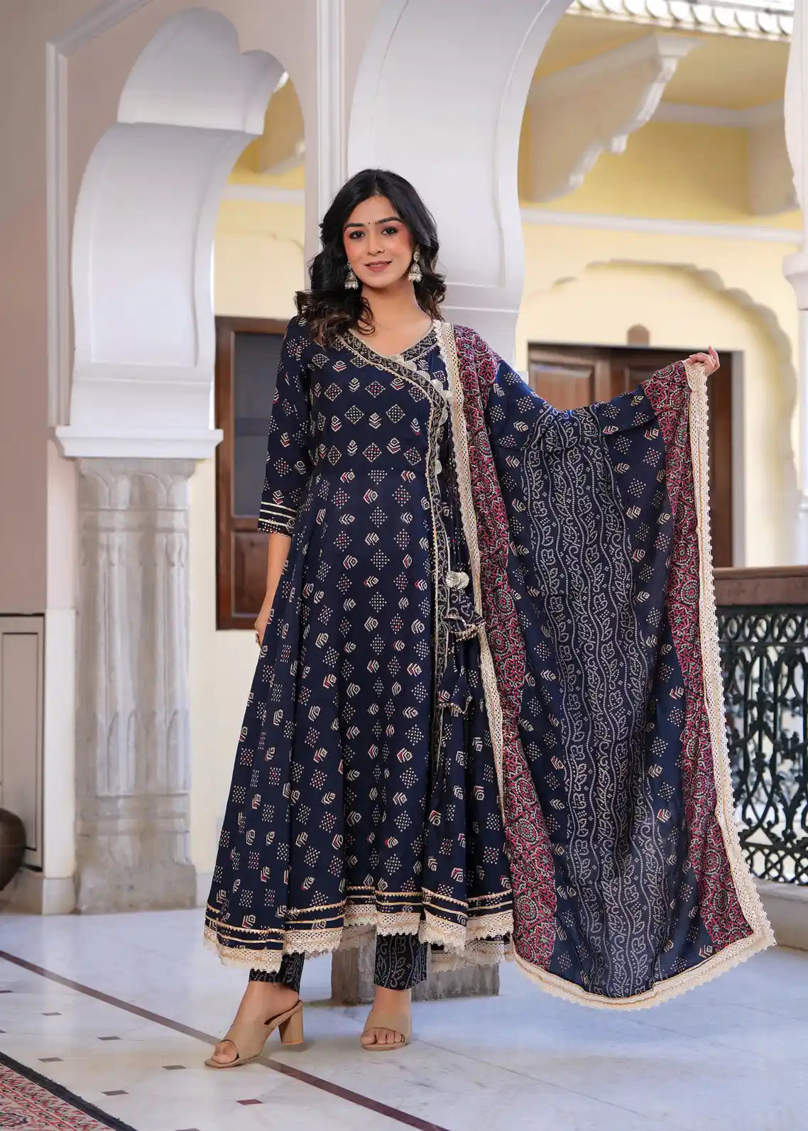 Dark blue long kurti with pant and dupatta