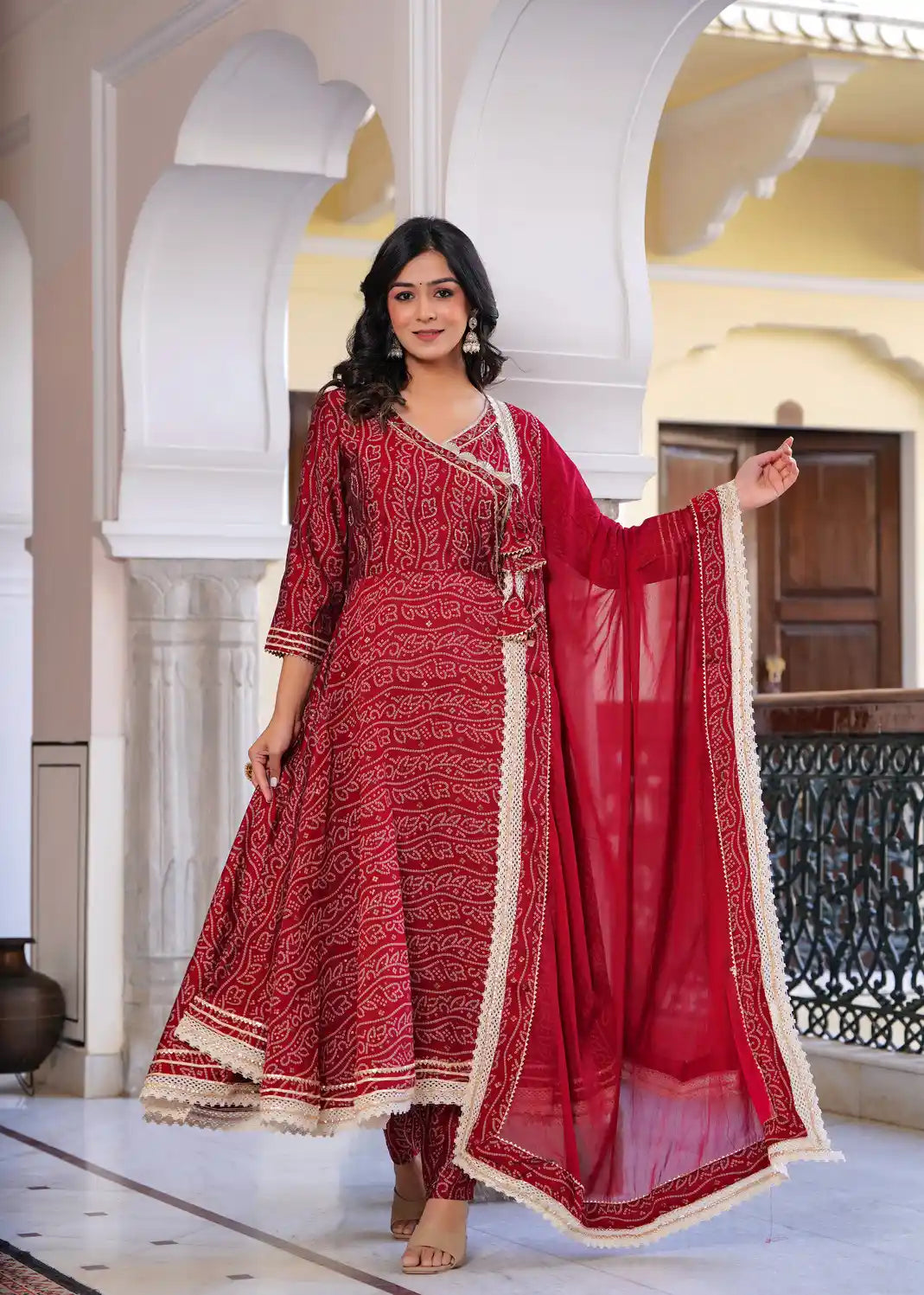 Red long kurti with pant and dupatta