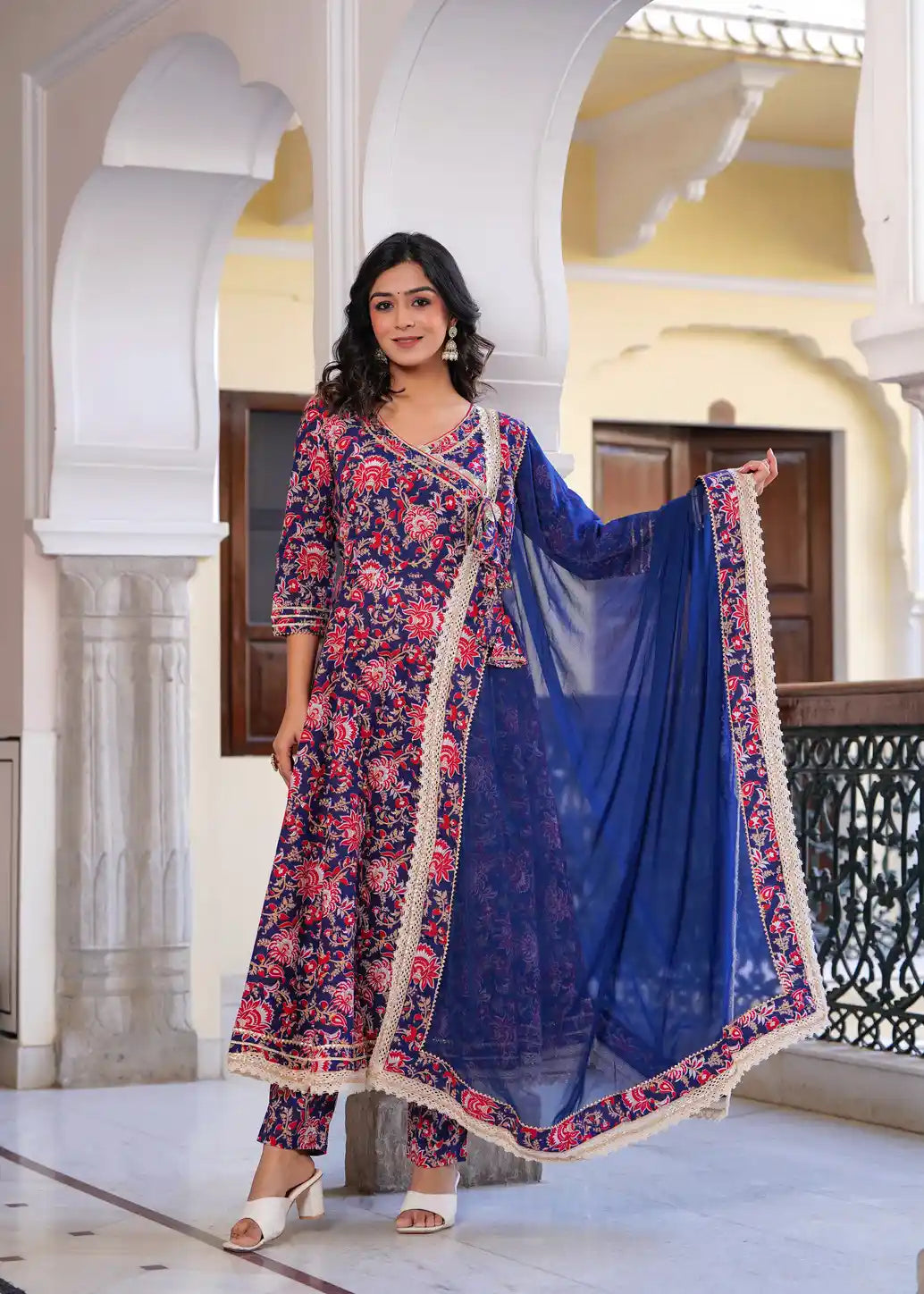 Blue floral printed long kurti with pant and dupatta