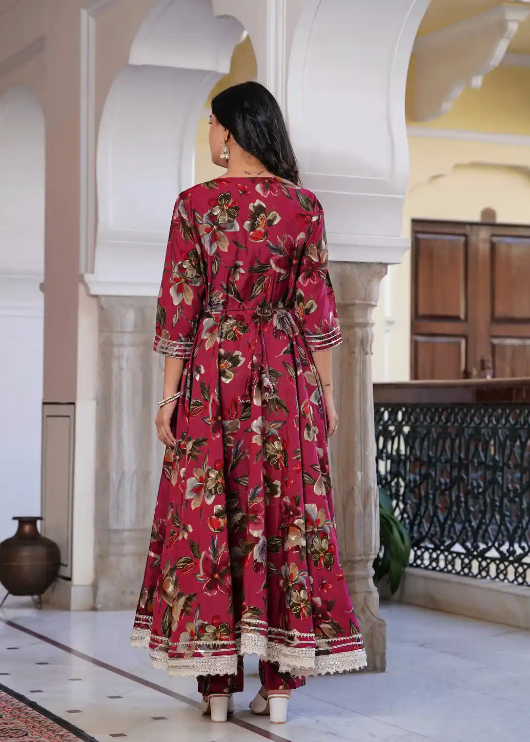 Red printed long kurti with pant and dupatta