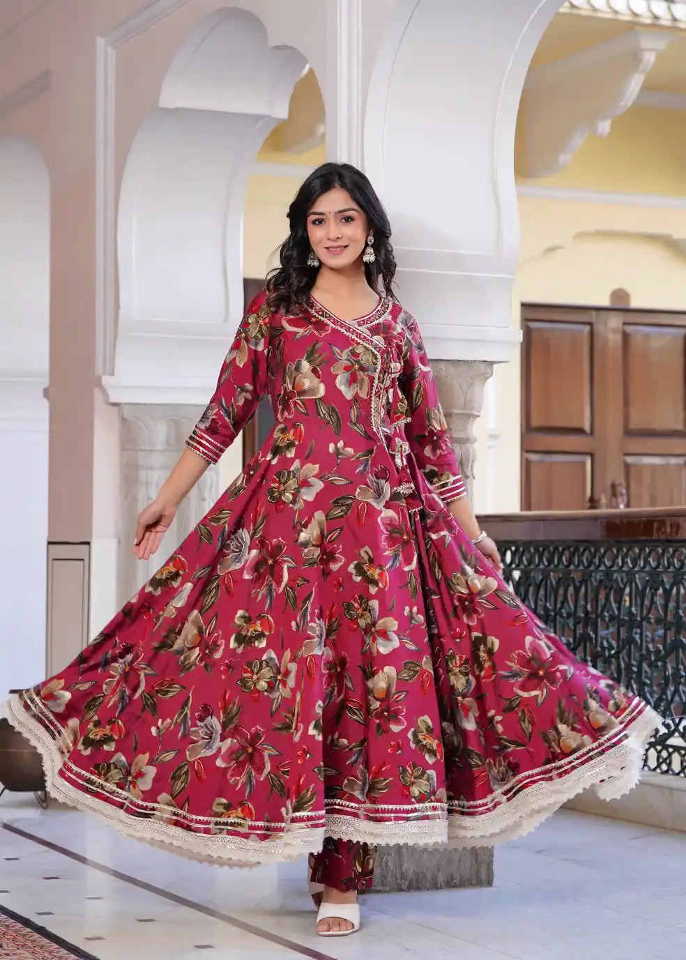 Red printed long kurti with pant and dupatta