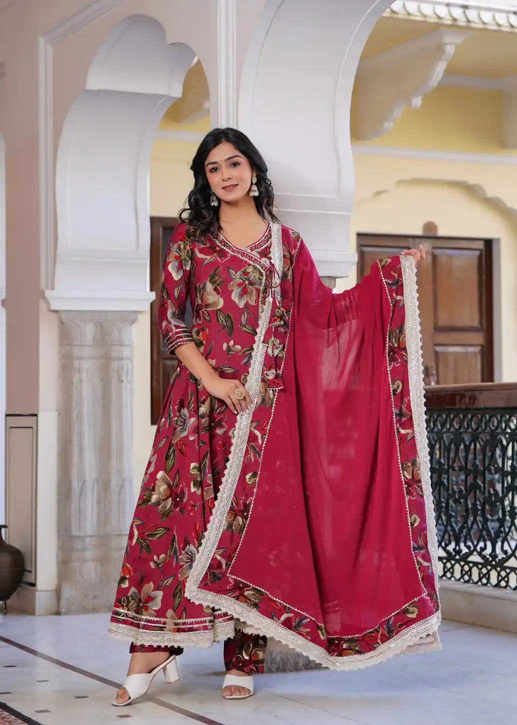 Red printed long kurti with pant and dupatta