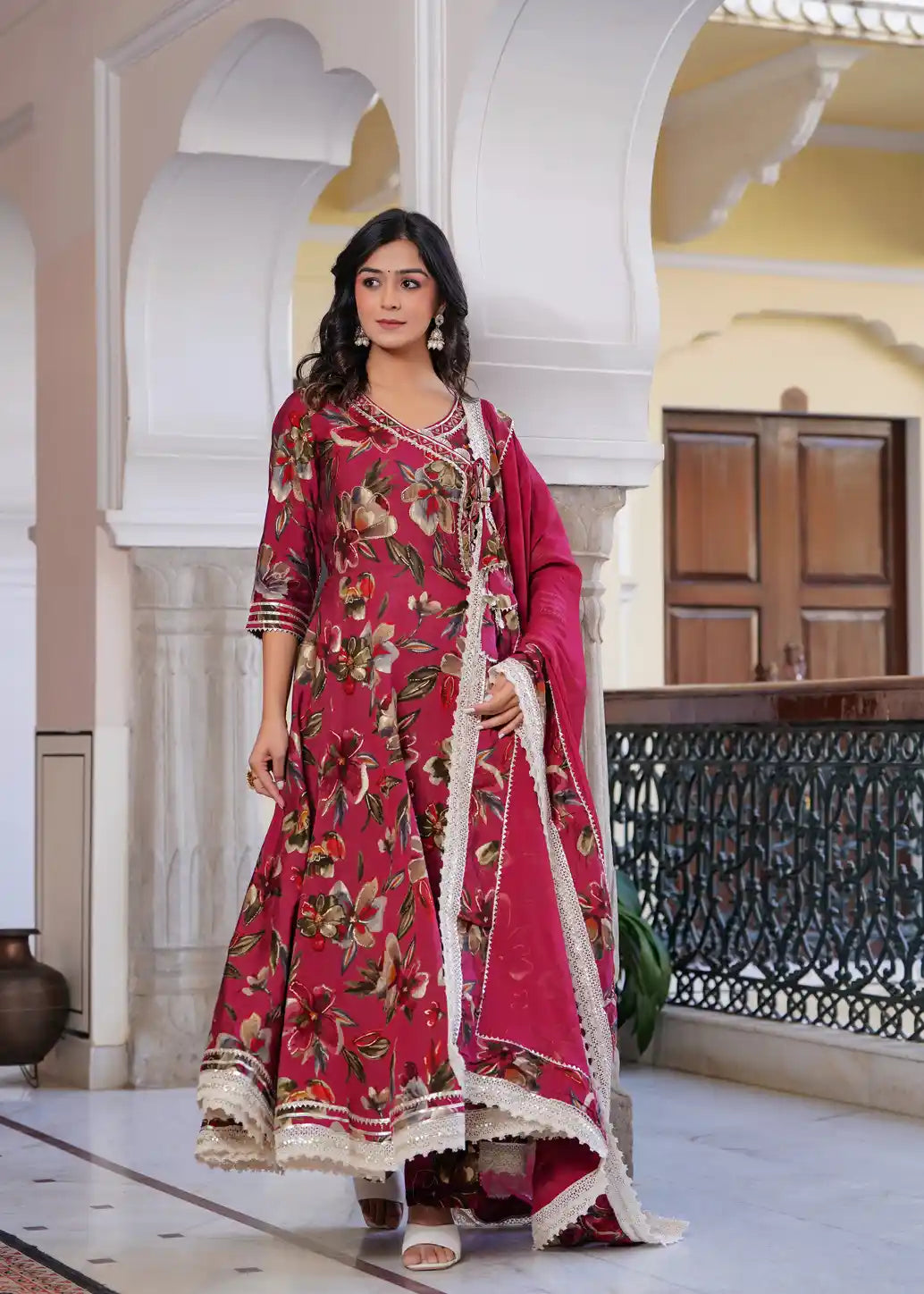 Red printed long kurti with pant and dupatta