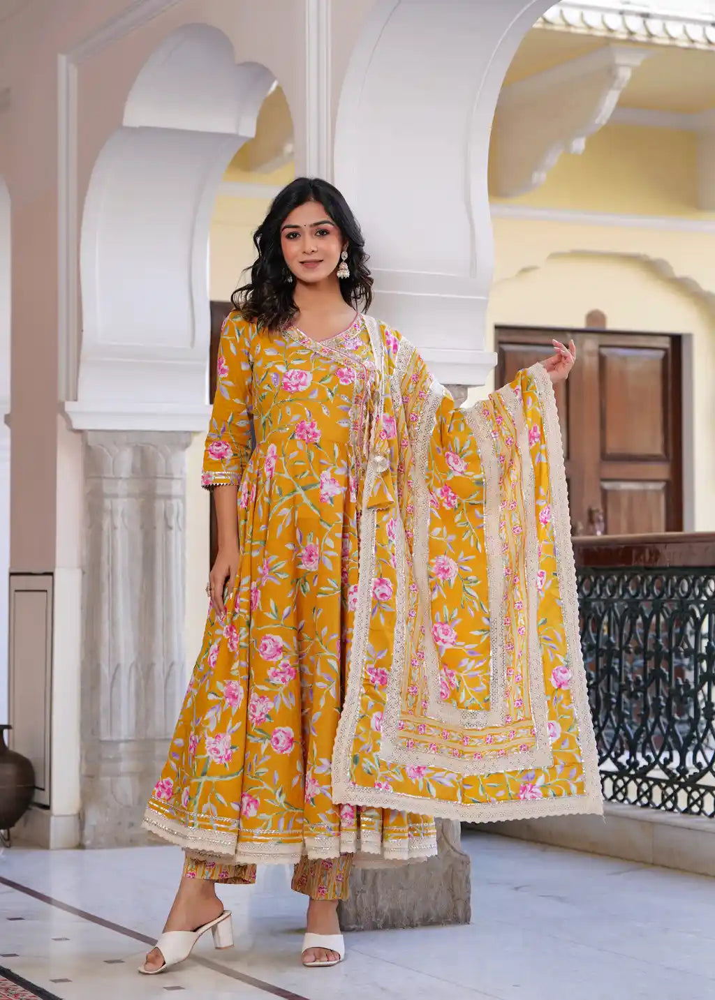 Yellow printed long kurti with pant and dupatta