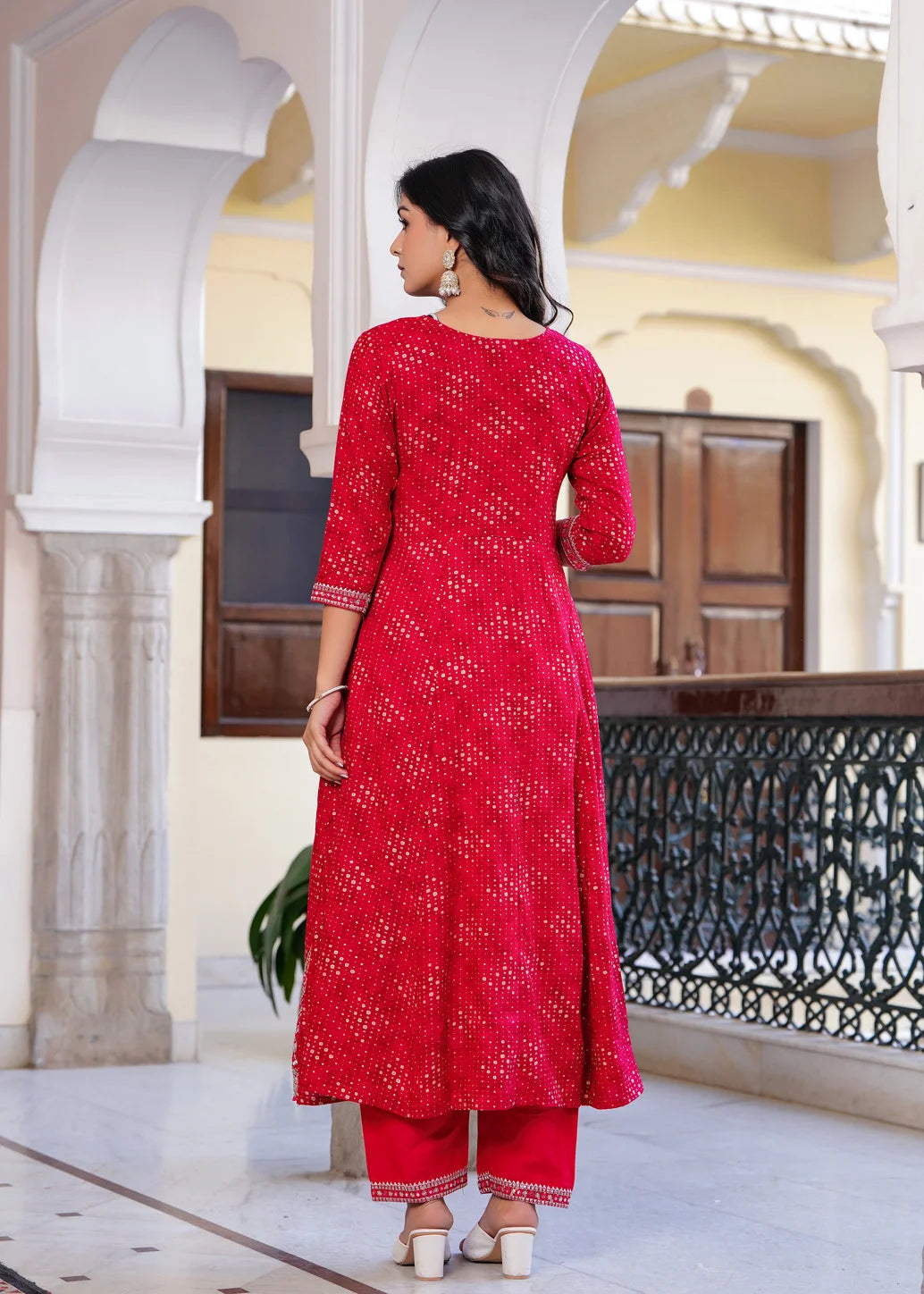 Red rayon long kurti with pant and dupatta