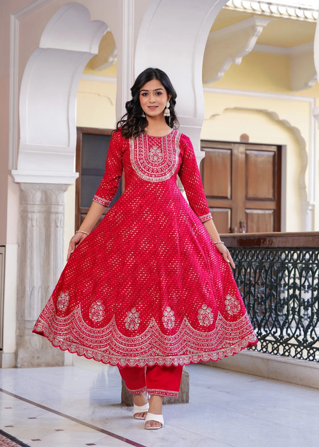 Red rayon long kurti with pant and dupatta