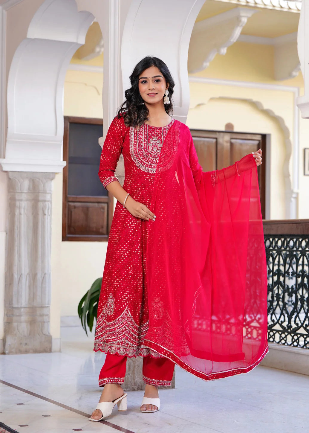 Red rayon long kurti with pant and dupatta