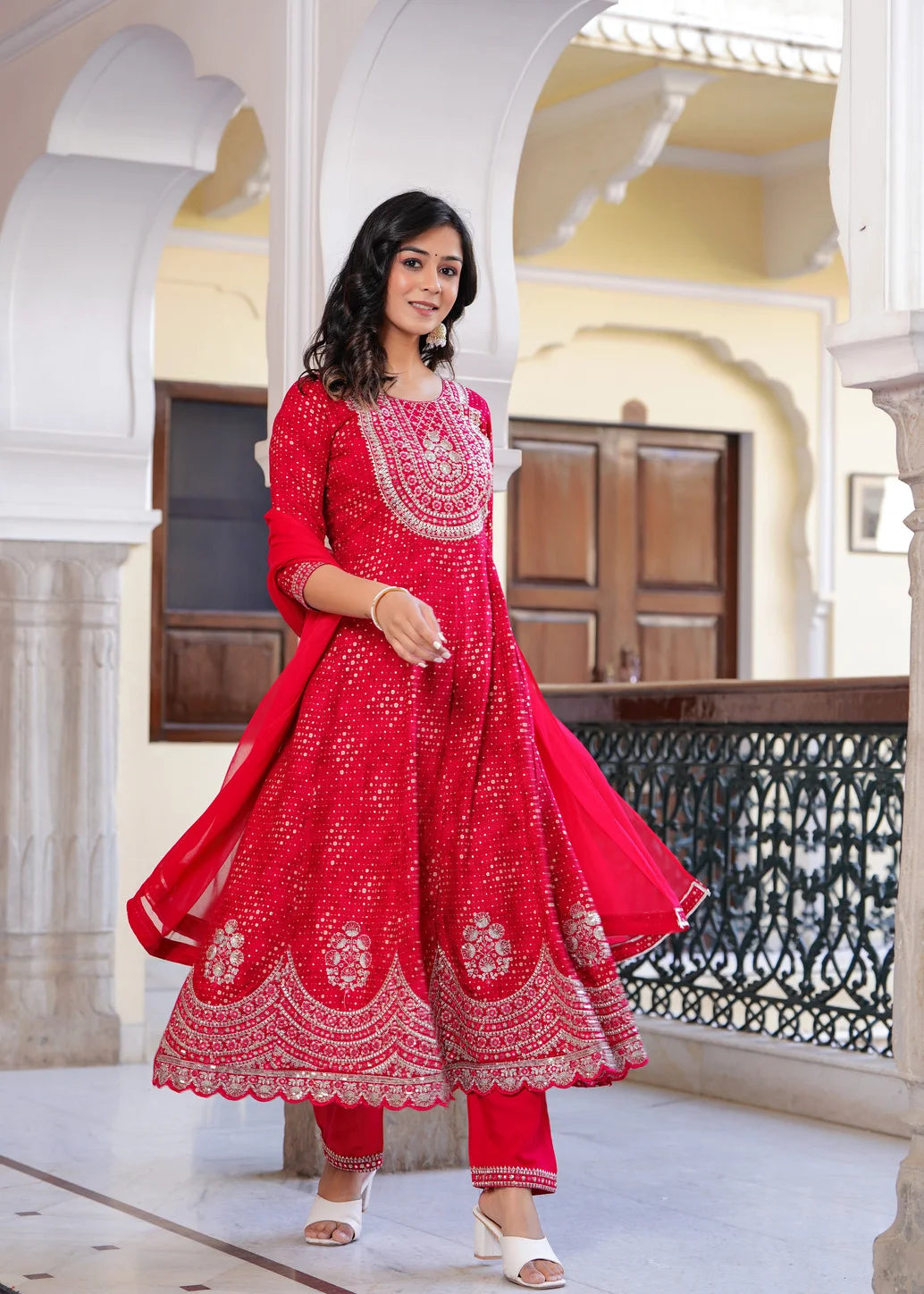 Red rayon long kurti with pant and dupatta