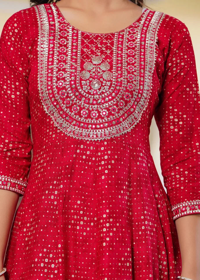 Red rayon long kurti with pant and dupatta