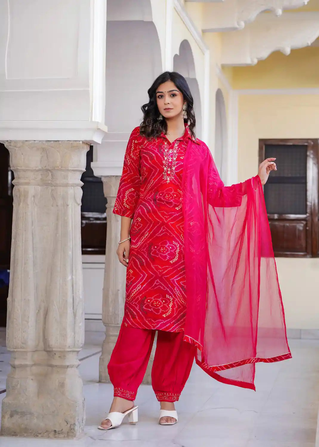 Red long kurti with pant and dupatta