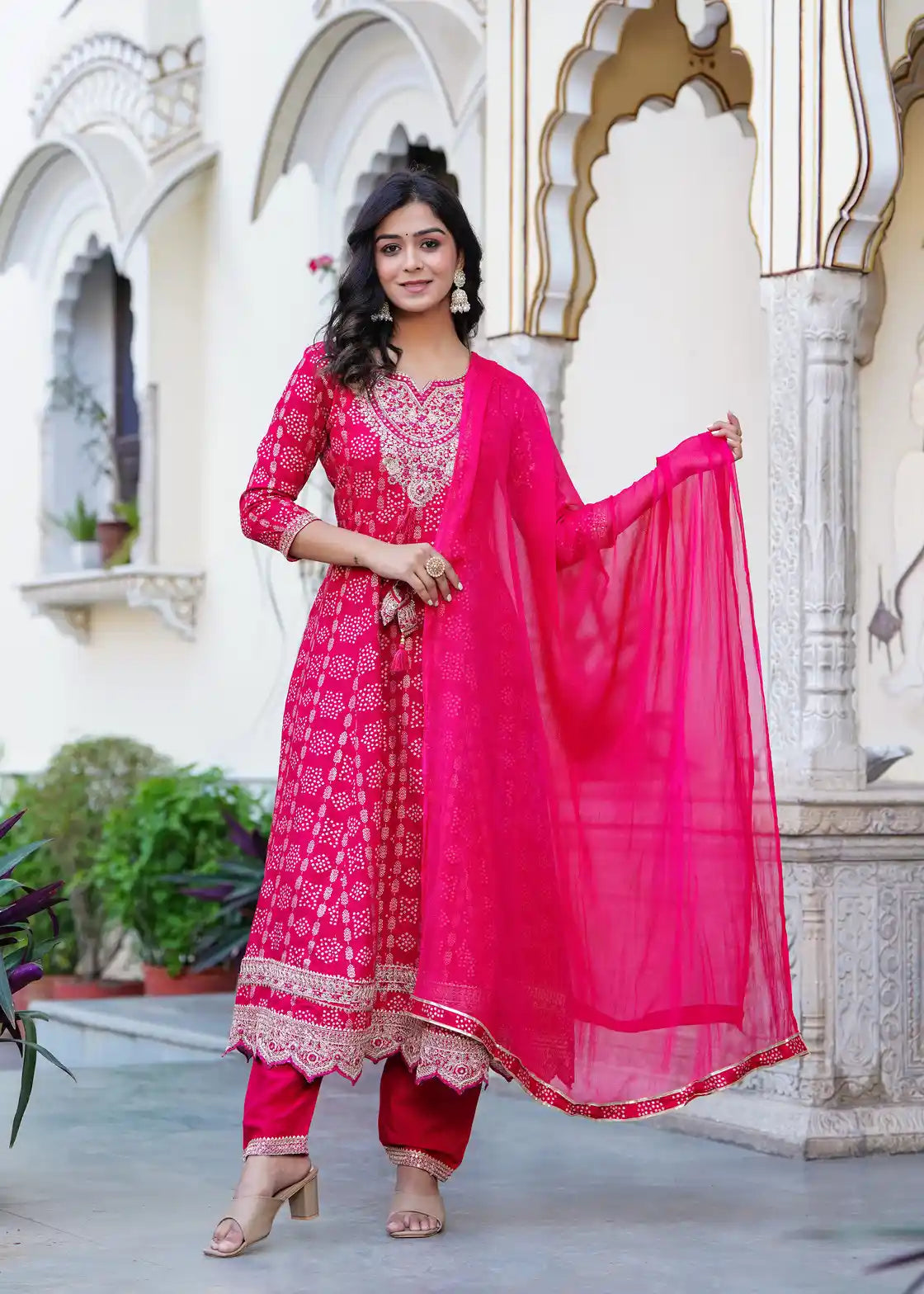 Rani pink kurti with pant and dupatta