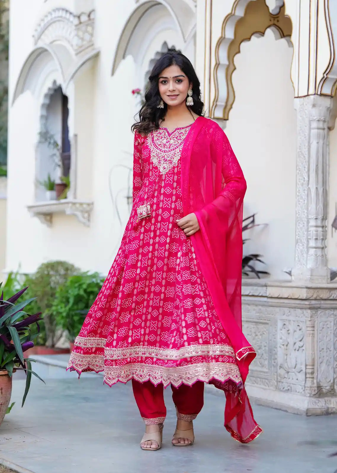 Rani pink kurti with pant and dupatta