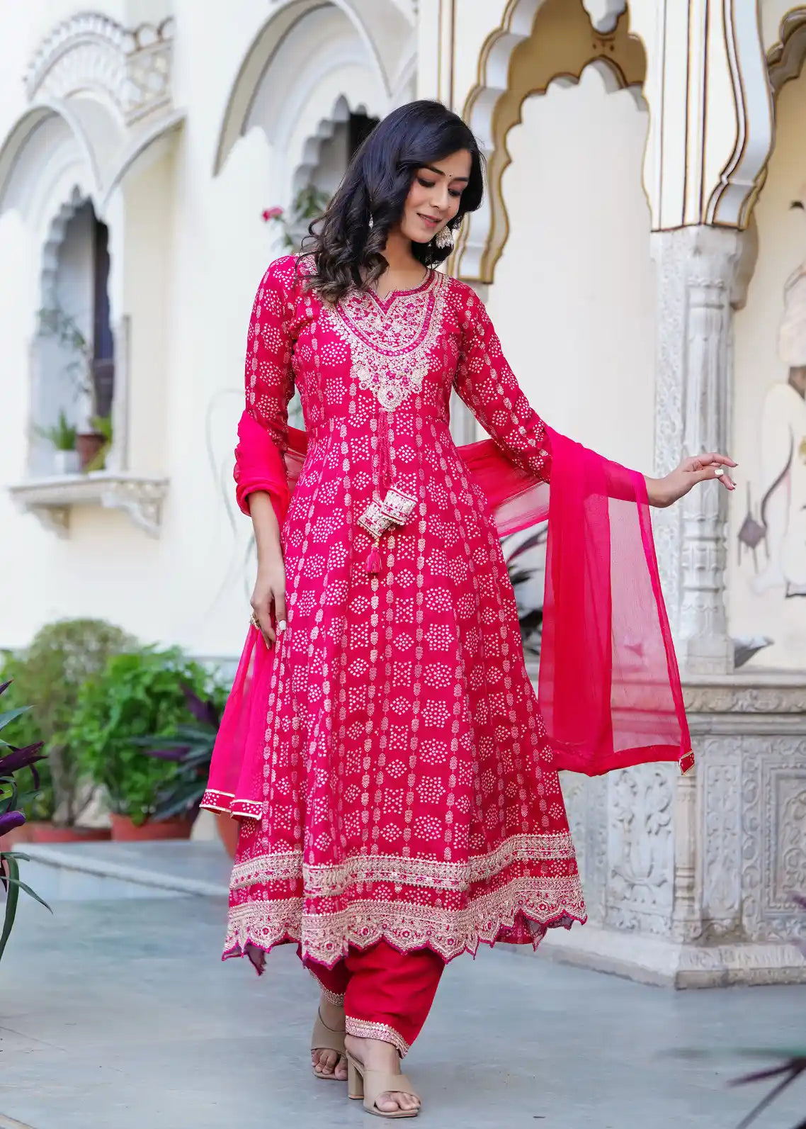 Rani pink kurti with pant and dupatta