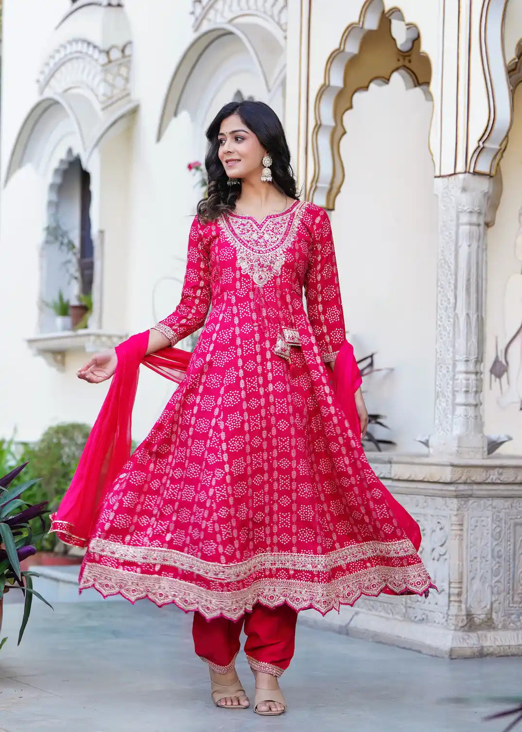 Rani pink kurti with pant and dupatta