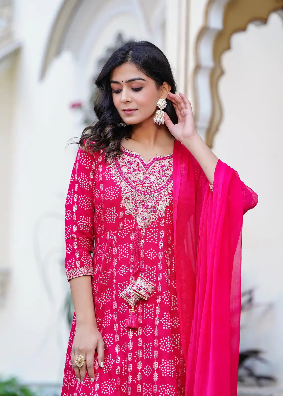 Rani pink kurti with pant and dupatta