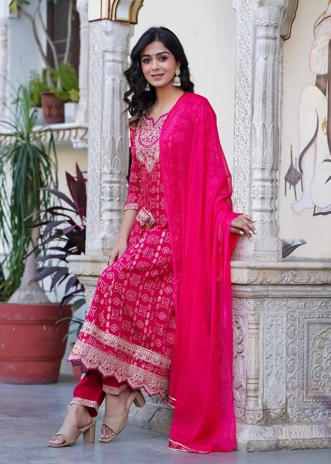 Rani pink kurti with pant and dupatta