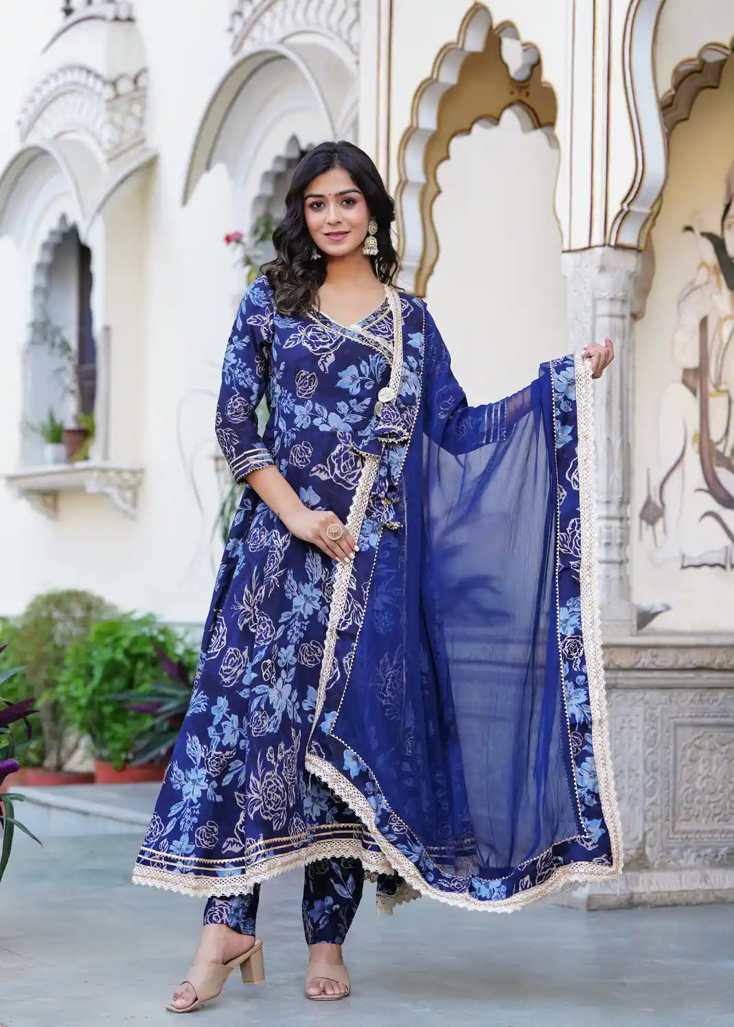 Royal blue printed long kurti with pant and dupatta