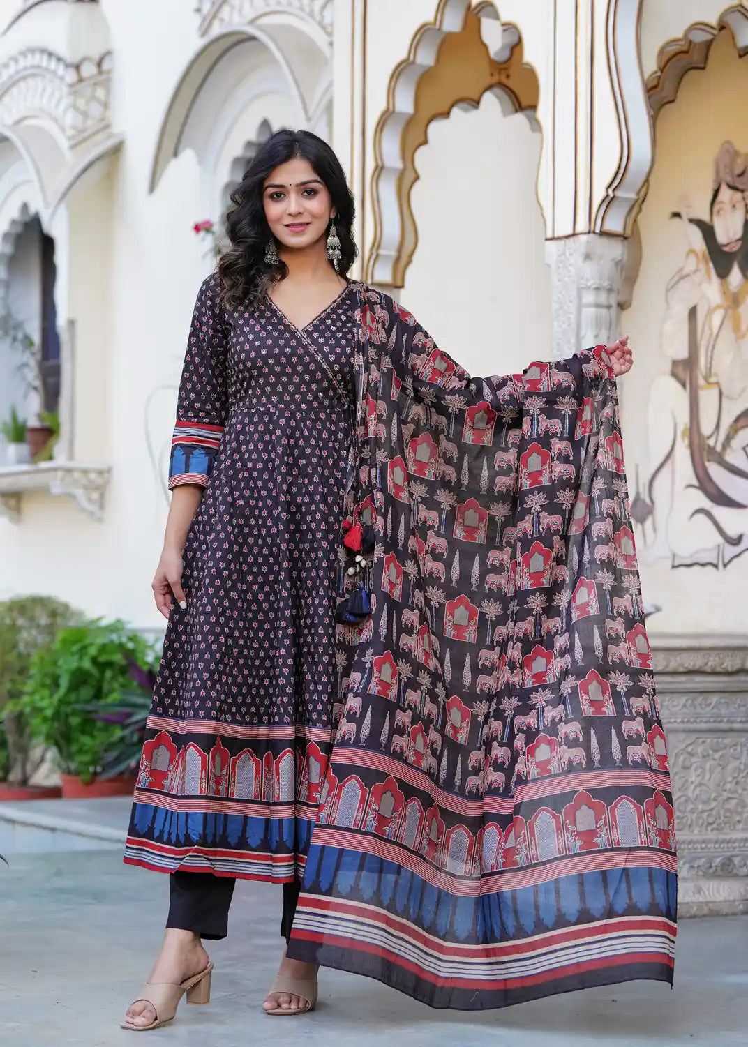 Navy blue printed long kurti with pant and dupatta