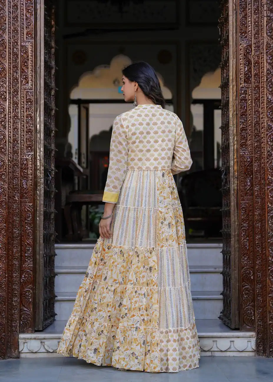 Yellow printed long kurti with dupatta