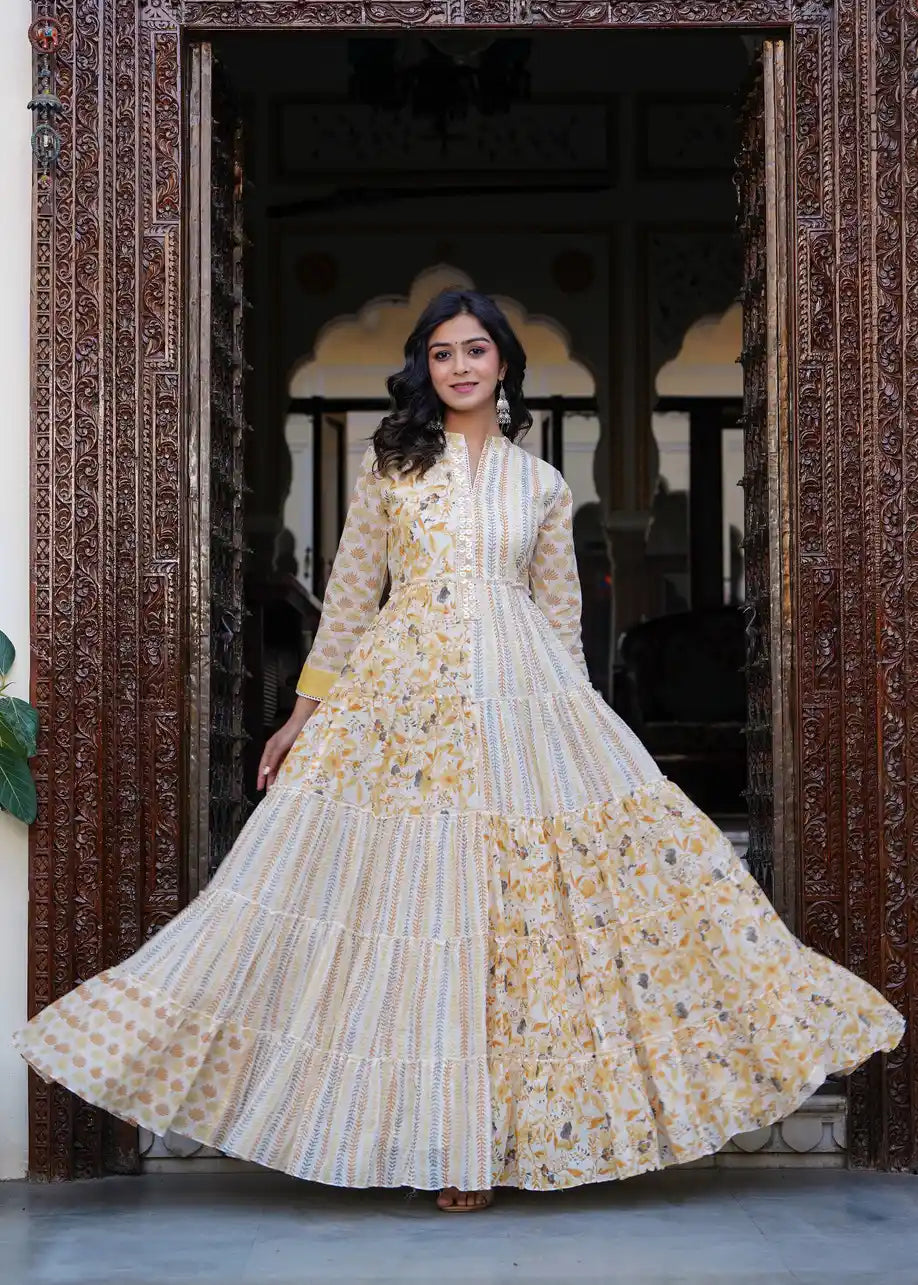 Yellow printed long kurti with dupatta