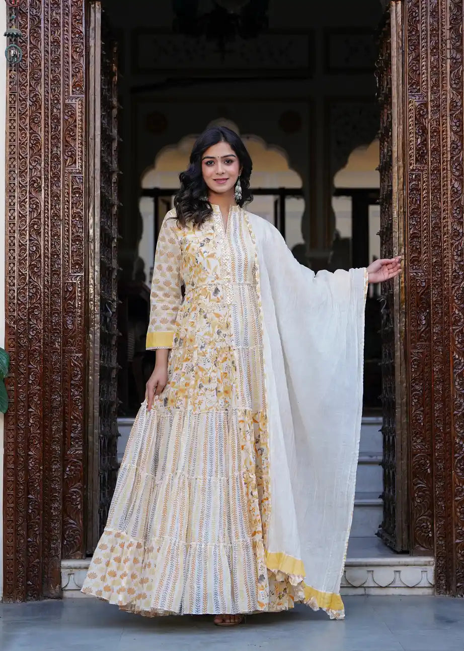 Yellow printed long kurti with dupatta