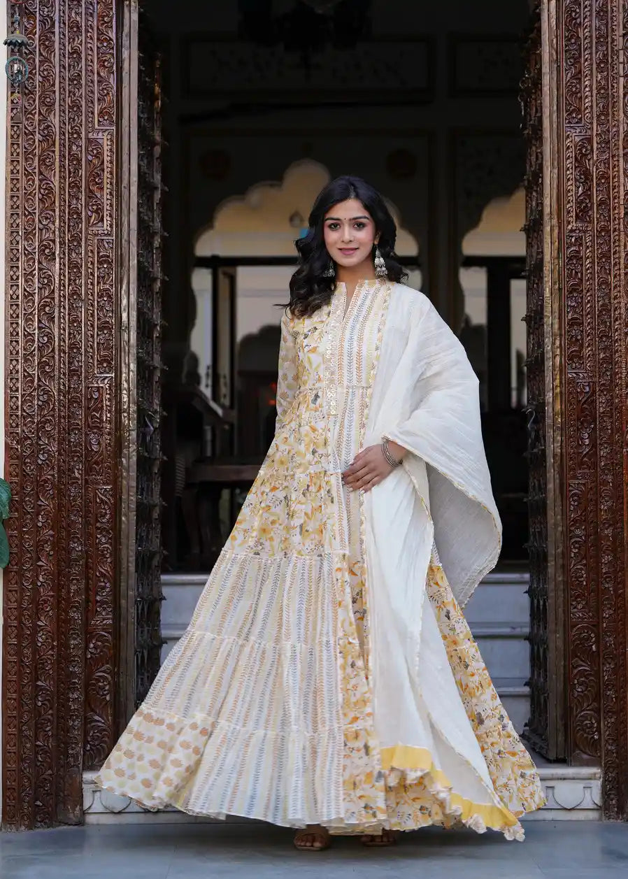 Yellow printed long kurti with dupatta