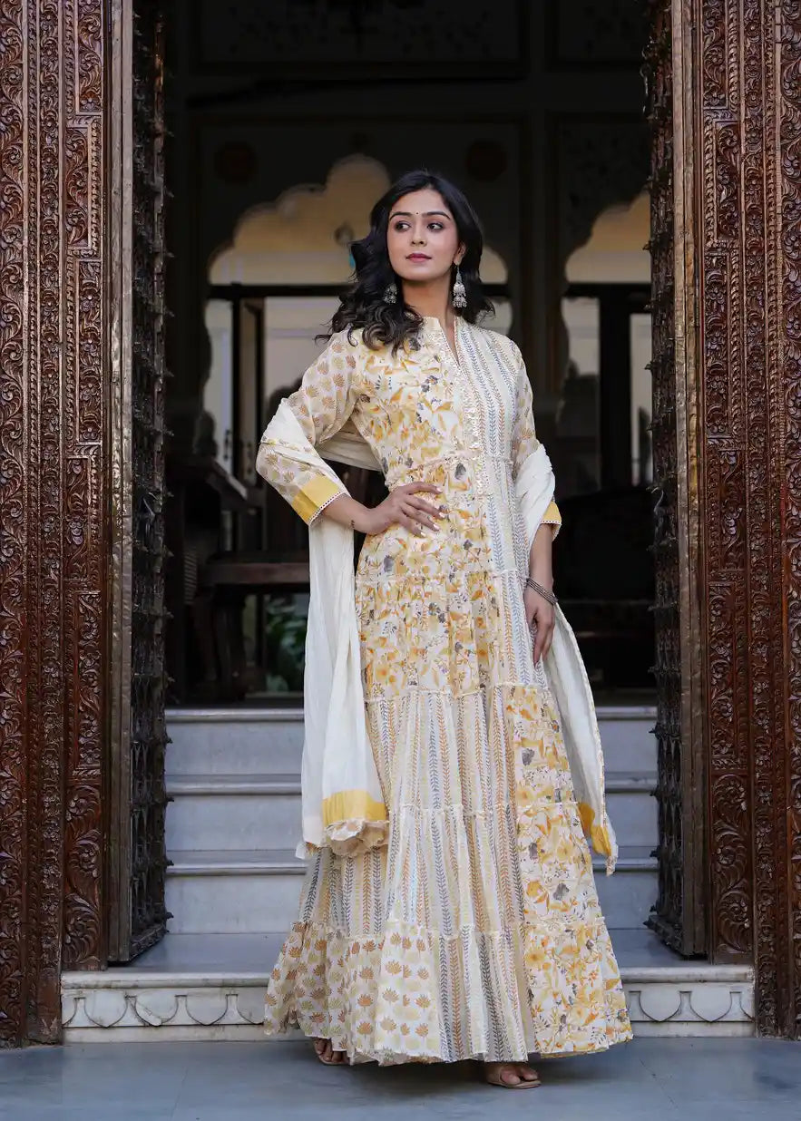 Yellow printed long kurti with dupatta