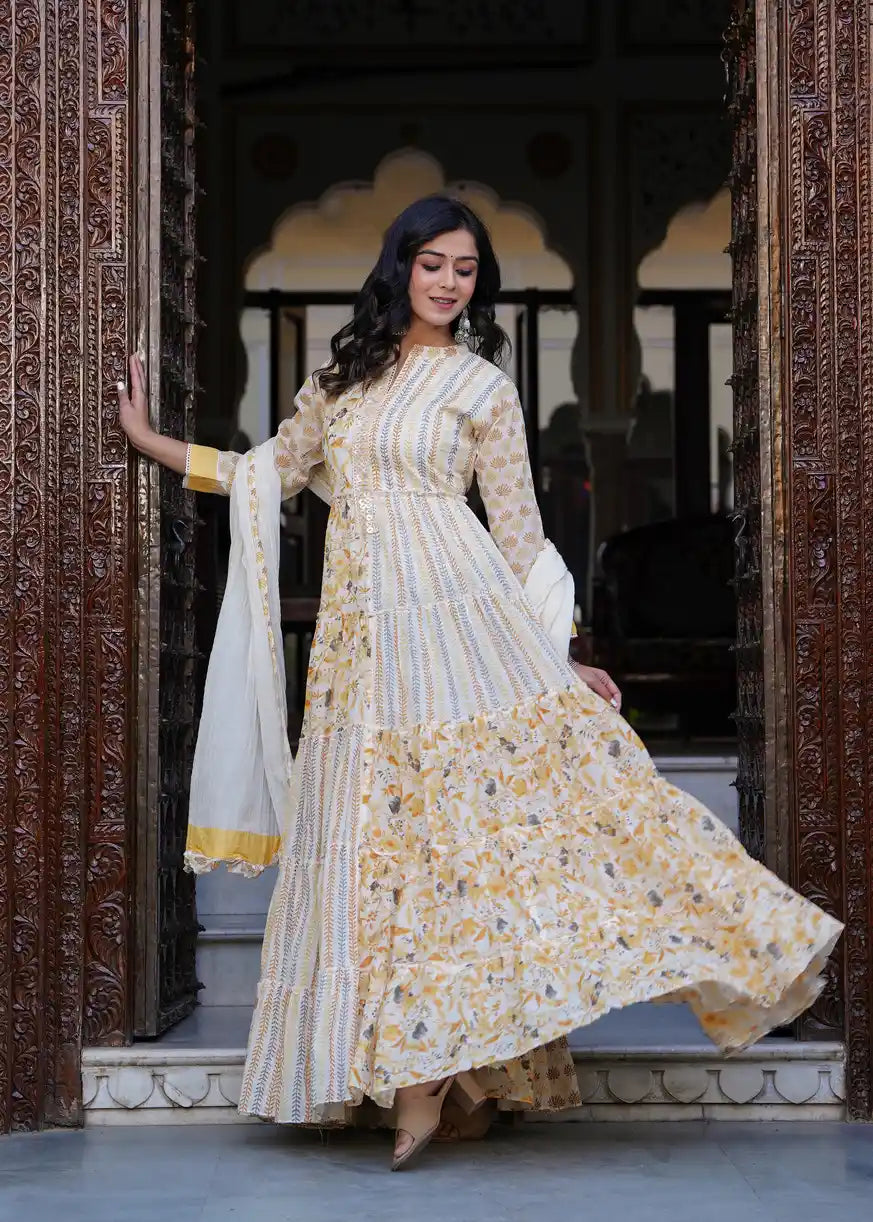 Yellow printed long kurti with dupatta