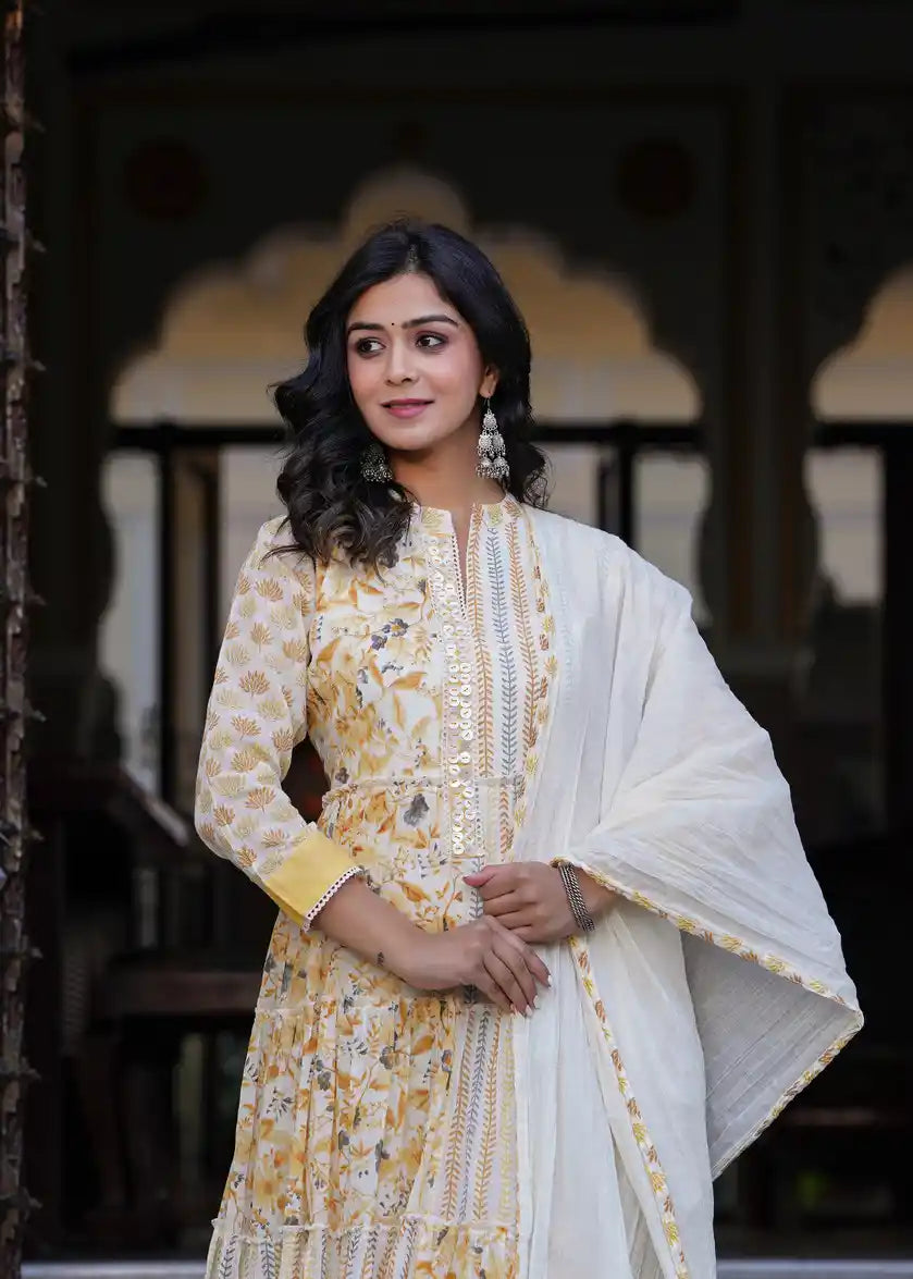 Yellow printed long kurti with dupatta