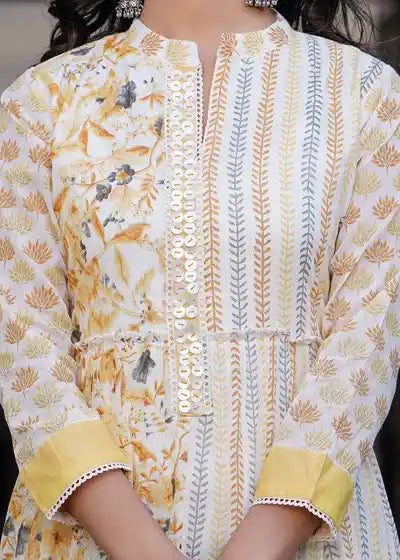 Yellow printed long kurti with dupatta