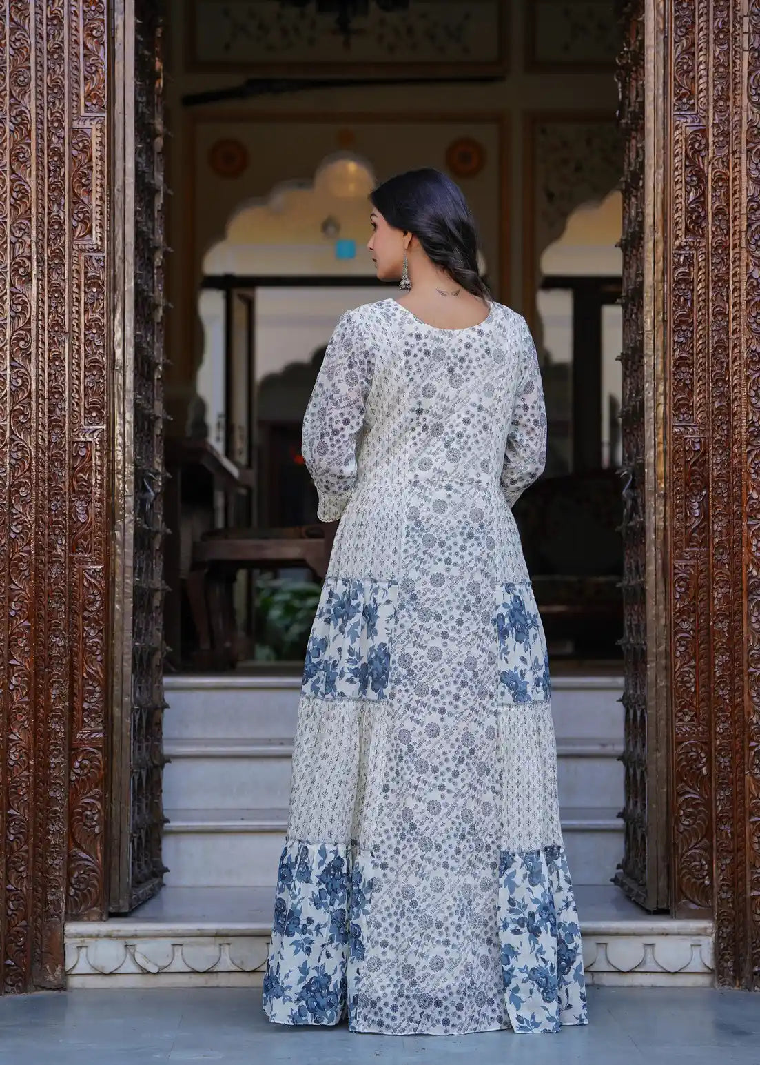 White printed long kurti with dupatta