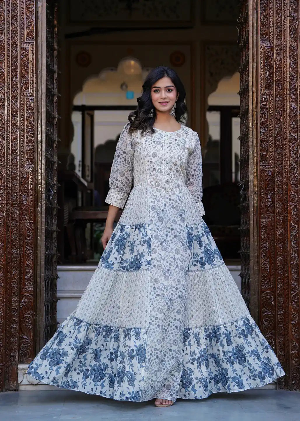 White printed long kurti with dupatta