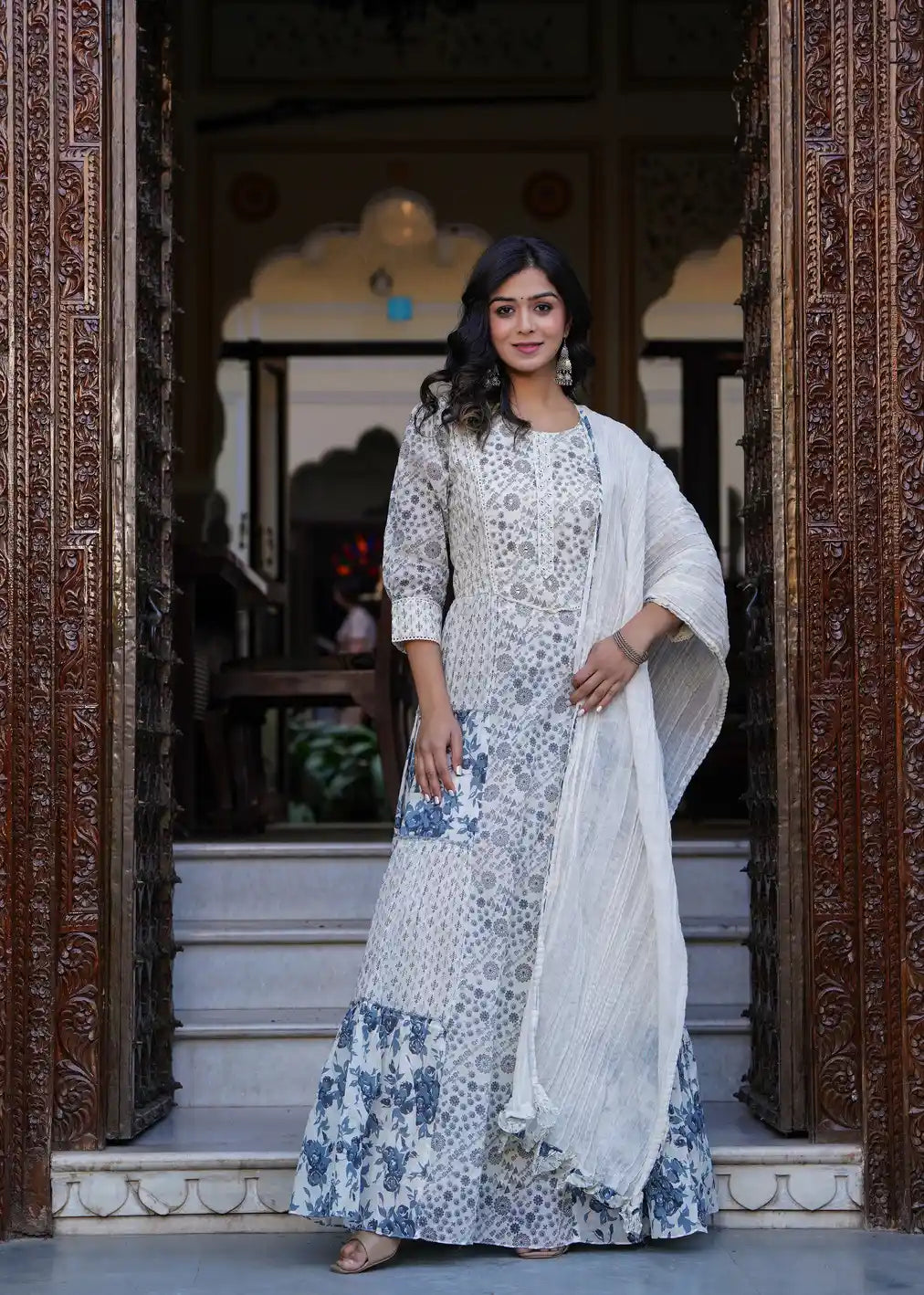 White printed long kurti with dupatta