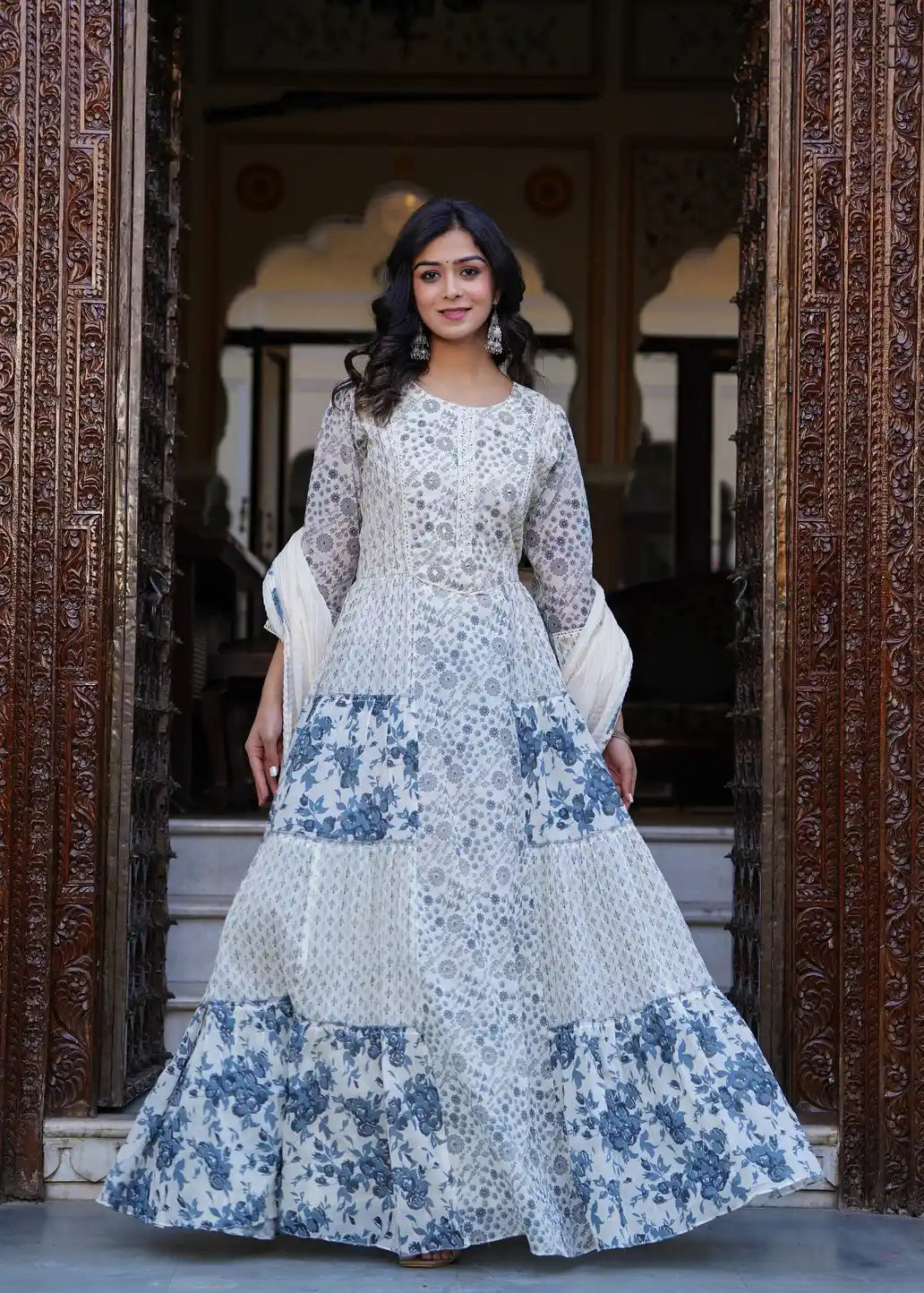 White printed long kurti with dupatta