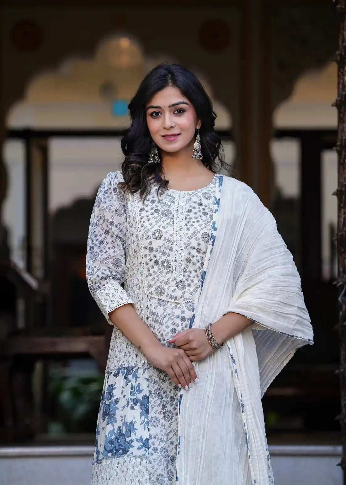 White printed long kurti with dupatta