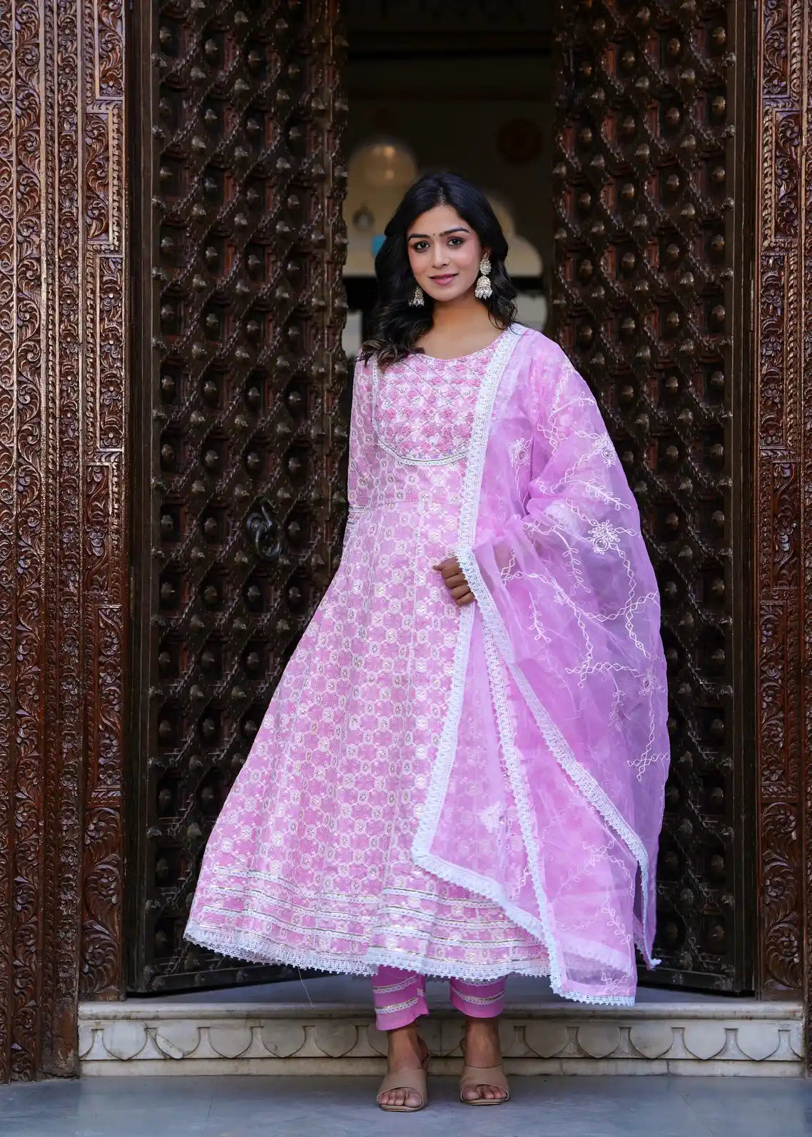 Pink chickankari long kurti with pant and dupatta