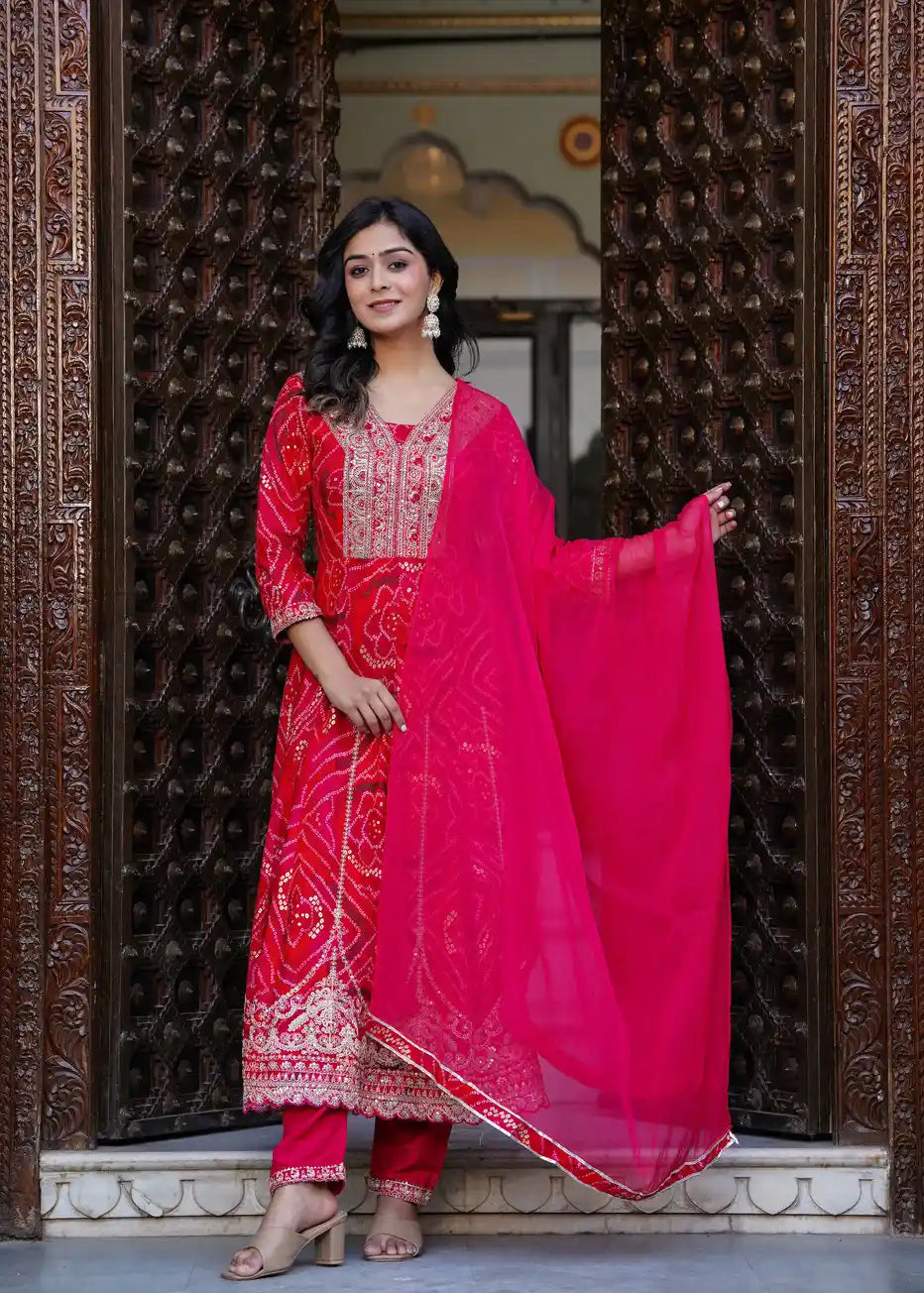 Red kurti with pant and dupatta