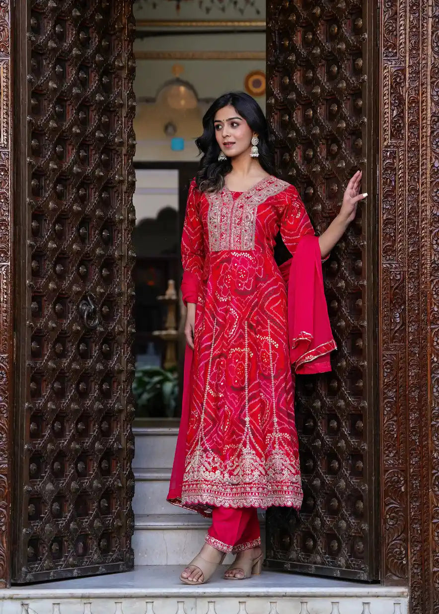 Red kurti with pant and dupatta