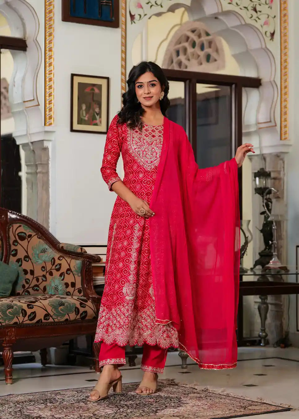 Red kurti with pant and dupatta