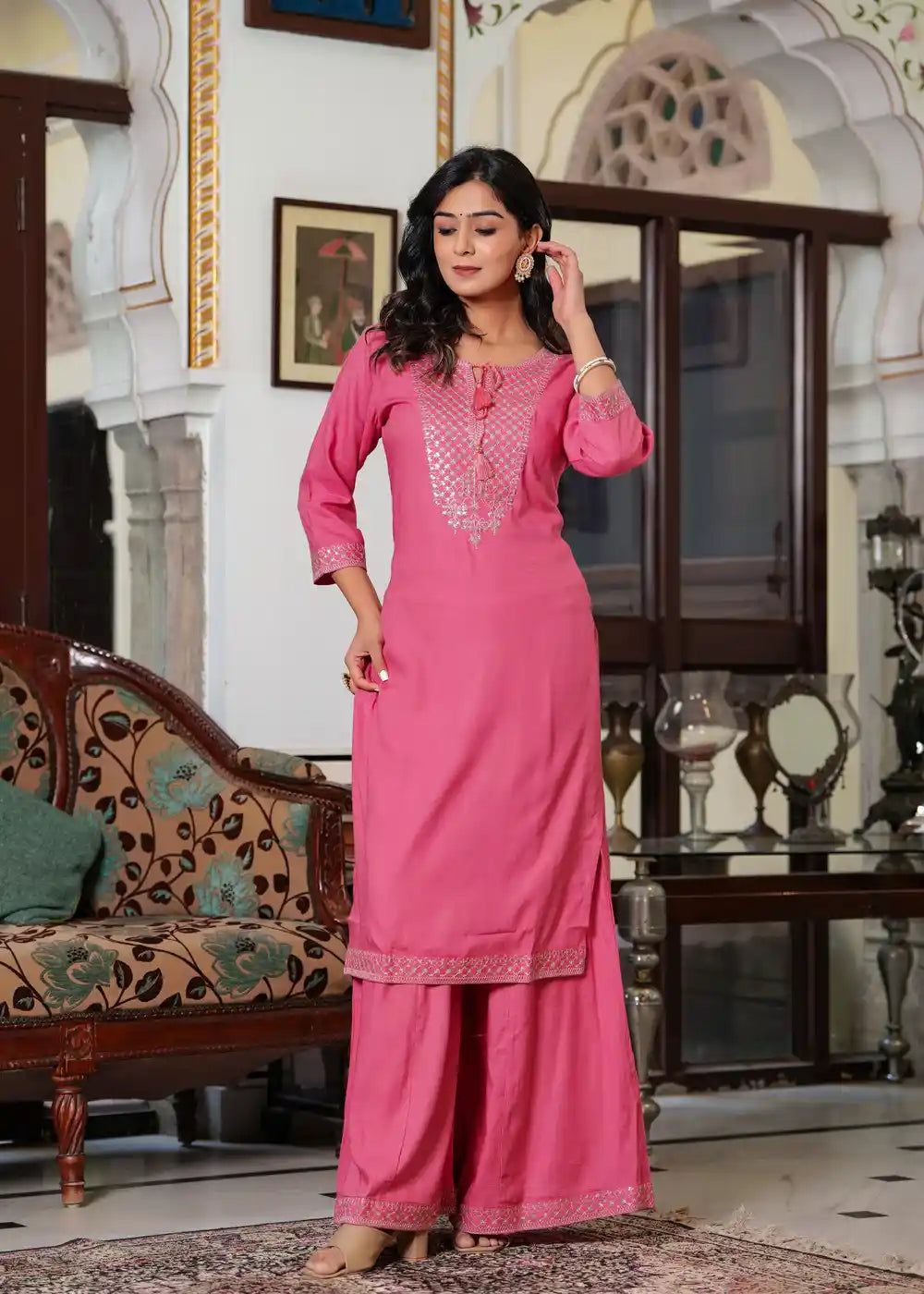 Rose pink kurti with palazzo