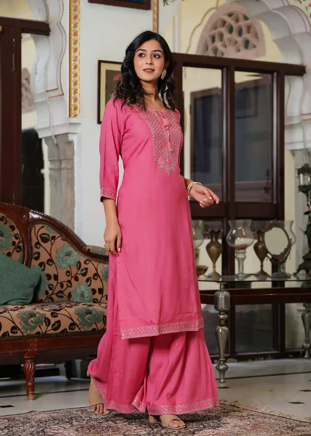 Rose pink kurti with palazzo