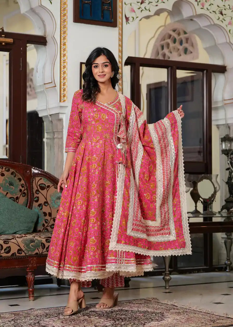 Peach printed floral long kurti with pant and dupatta