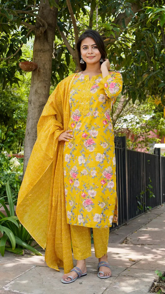 Yellow floral kurti, pant and duppata set