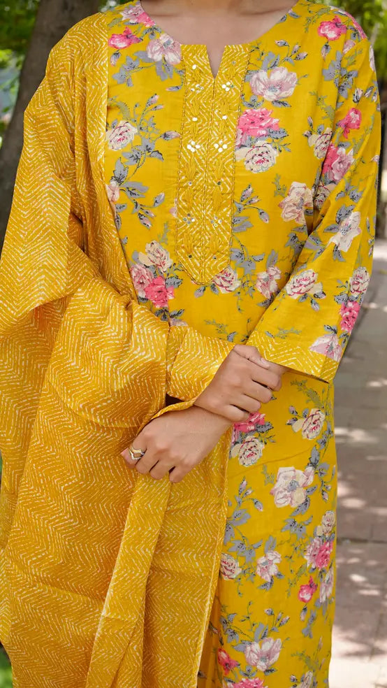 Yellow floral kurti, pant and duppata set