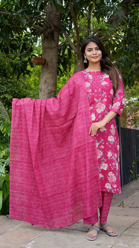 Rose pink floral kurti, pant and duppata set